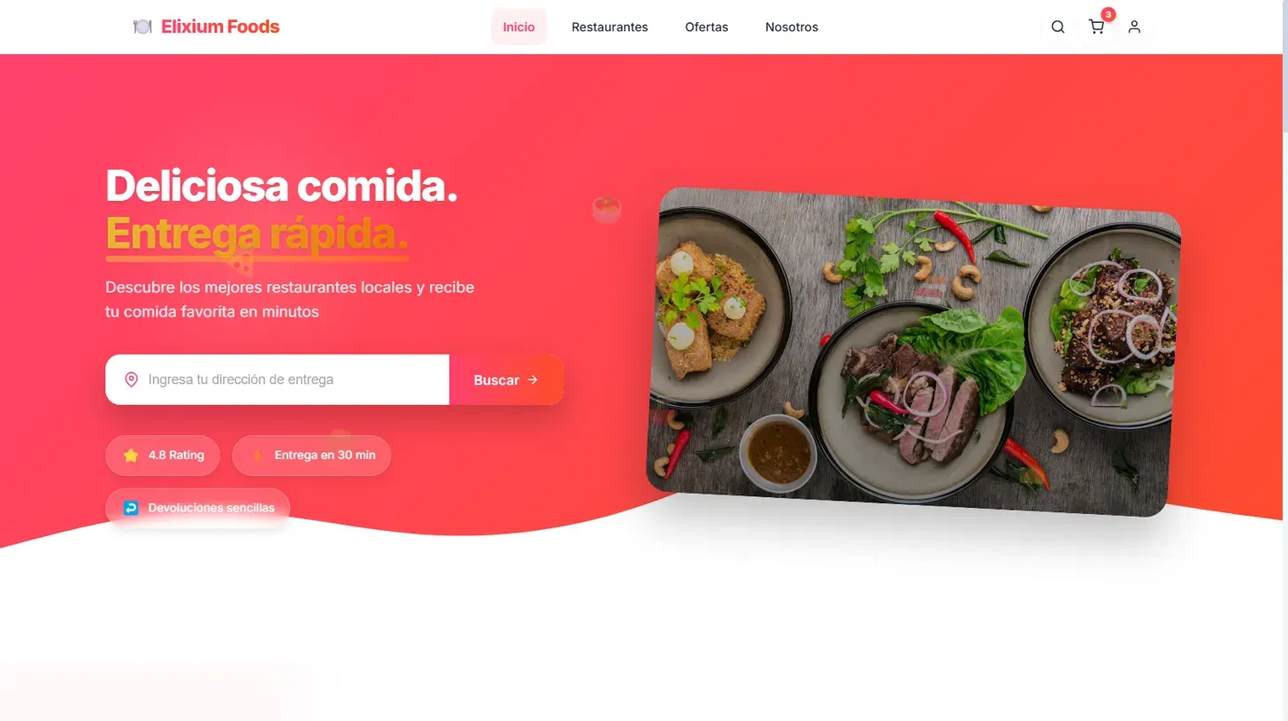 Página de inicio de una plataforma de pedidos de comida a domicilio con buscador de dirección