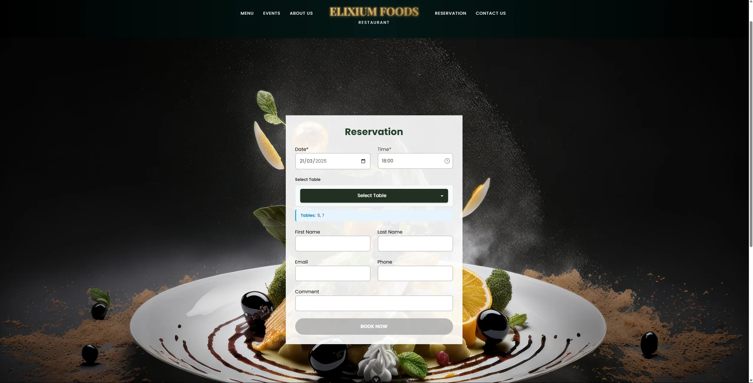 Formulario de reserva de mesa con selector de fecha, hora y mesa sobre una fotografía de un plato gourmet