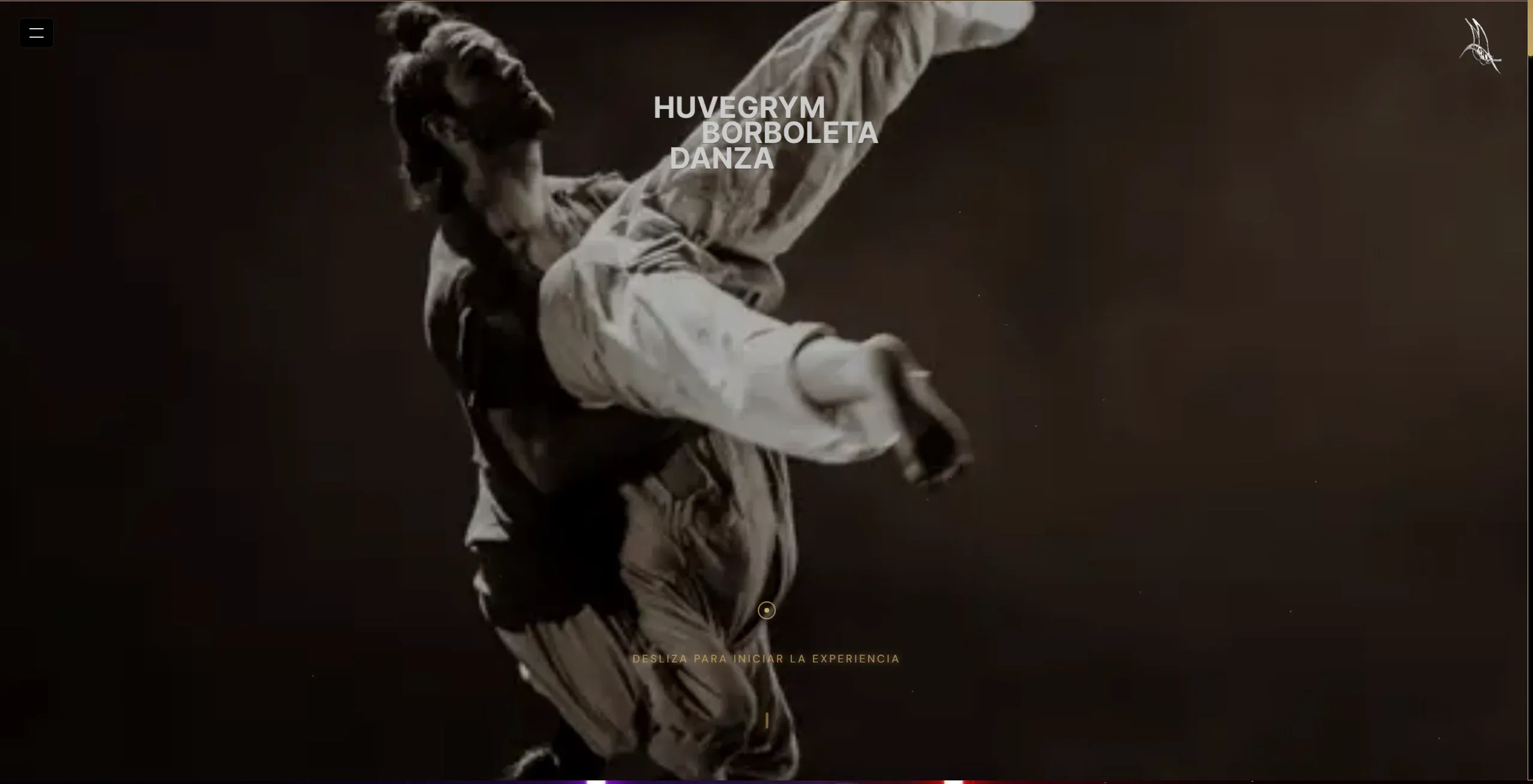 Página de inicio de la web de la compañía de danza Huvegrym, con una fotografía de un bailarín en pleno salto