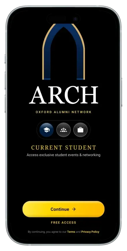 Pantalla de inicio de la app The Arch, red de antiguos alumnos de Oxford, en un iPhone